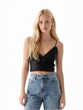 Vintage Y2K Glamazon Black Sequin V-Neck Crop Cami Top. Size S. Nightclub glam